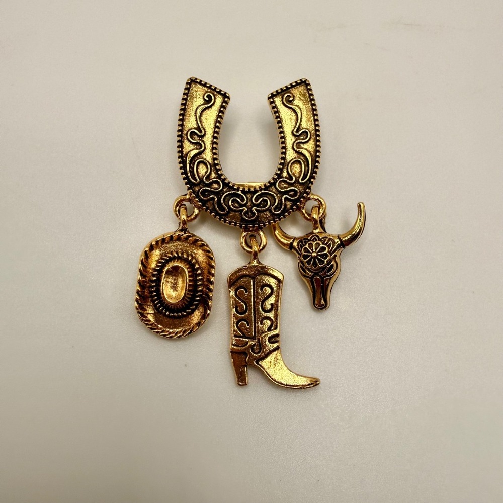 Western Horseshoe Charm Brooch Gold Tone Cowboy Boot Hat Bull Head Pin